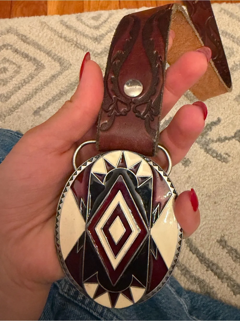 SISKIYOU made in USA Geometric Enamel Oval Belt - Burgundy, Black & Cream